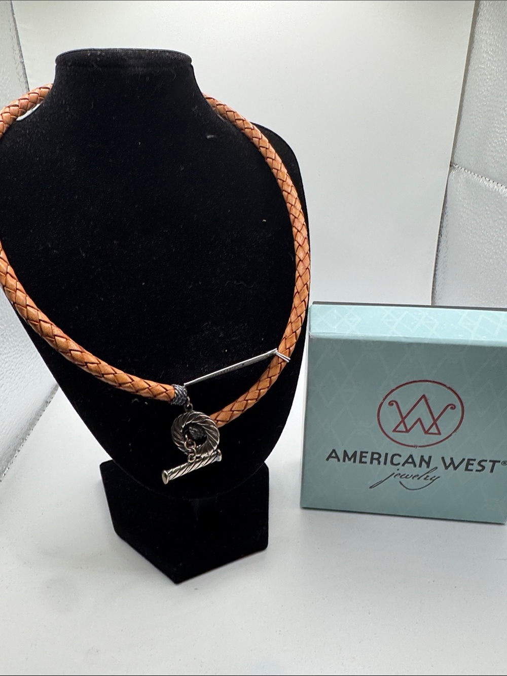 American West Braided Tan Leather Necklace with Silver Toggle and Charm